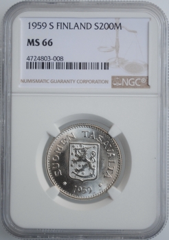 Финляндия  200 марок 1959 г. S, NGC MS66, "Финляндская Республика (Suomi) (1918 - 1962)"