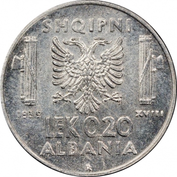 Албания 0,20 лек 1939 г., PCGS MS64, "Итальянская оккупация (1939 - 1943)" (не магнетик)