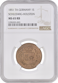 Шлезвиг-Гольштейн 1 сехслинг 1851 г. TA, NGC MS65 RB, "Временное правительство (1850 - 1851)" Top Pop