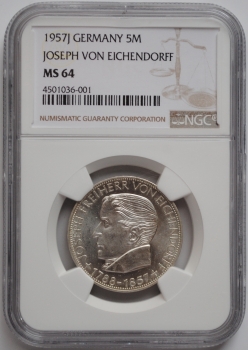 ФРГ 5 марок 1957 г., NGC MS64, '100 лет со дня смерти Йозефа фон Эйхендорфа'