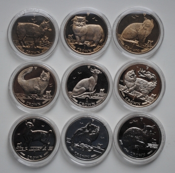 Остров Мэн набор 1 крона 1988-1996 г., PROOF и BU, 'Кошки' (9 шт.)