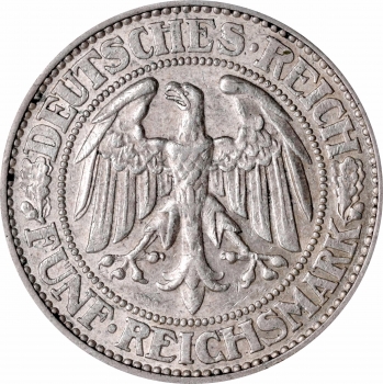 Германия 5 рейхсмарок 1931 г. J, PCGS AU55, "Веймарская Республика (Рейхсмарка) (1924 - 1938)"