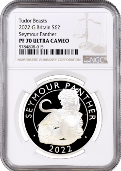 Великобритания 2 фунта 2022 г., NGC PF70 UC, "Звери Тюдоров - Пантера Сеймура" Top Pop