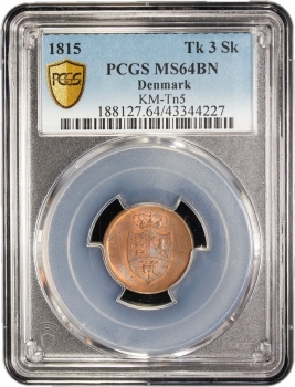 Дания 3 скиллинга 1815 г., PCGS MS64 BN, "Король Фредерик VI (1808 - 1839)" Top Pop