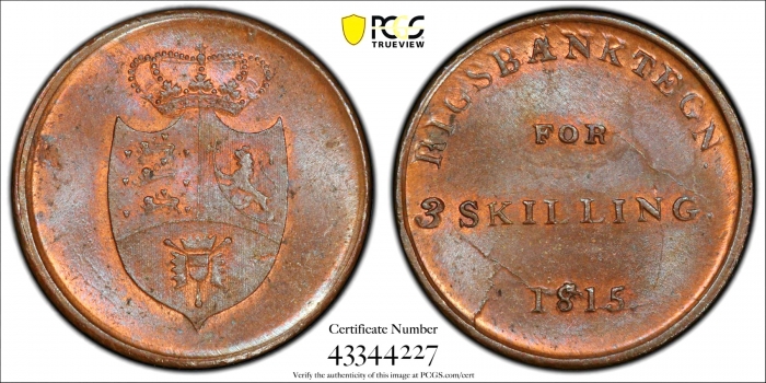 Дания 3 скиллинга 1815 г., PCGS MS64 BN, "Король Фредерик VI (1808 - 1839)" Top Pop