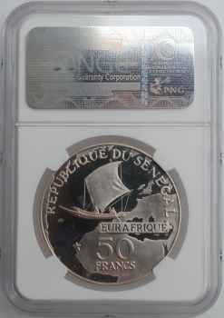 Сенегал 50 франков 1975 г., NGC PF66 UC, "25 лет программе Eurafrique"