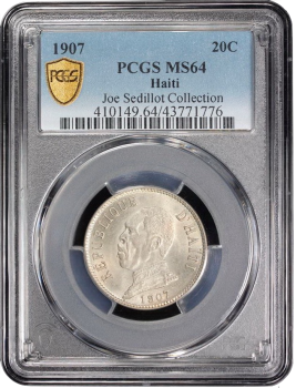 Гаити 20 сантимов 1907 г., PCGS MS64, "Республика Гаити (1863 - 1985)" Top Pop