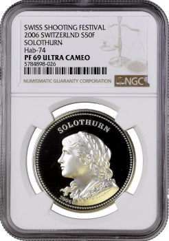 Швейцария 50 франков 2006 г., NGC PF69 UC, "Стрелковый фестиваль в Золотурне"