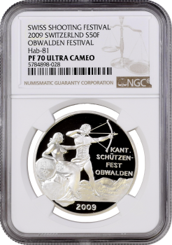 Швейцария 50 франков 2009 г., NGC PF70 UC, "Стрелковый фестиваль в Обвальдене" Top Pop