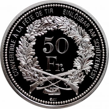 Швейцария 50 франков 2009 г., NGC PF70 UC, "Стрелковый фестиваль в Обвальдене" Top Pop