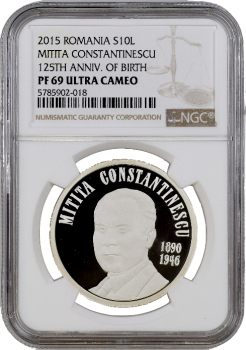 Румыния 10 леев 2015 г., NGC PF69 UC, "125 лет со дня рождения Митице Константинеску"