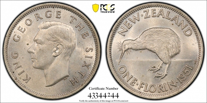 Новая Зеландия 2 шиллинга (флорин) 1951 г., PCGS MS64, "Король Георг VI (1937 - 1952)"