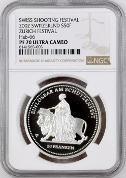 Швейцария 50 франков 2002 г., NGC PF70 UC, "Стрелковый фестиваль в Цюрихе"