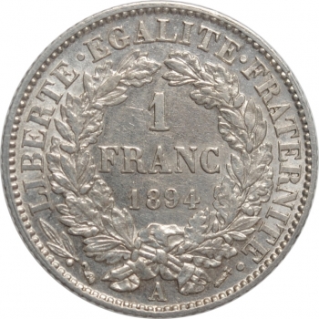 Франция 1 франк 1894 г. A, XF, "Третья Республика (1870 - 1941)"