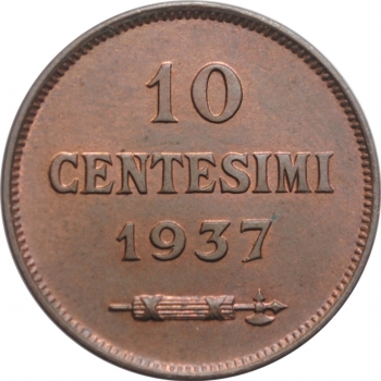 Сан-Марино 10 чентезимо 1937 г. R, UNC, "Республика Сан-Марино (1864 - 1938)"