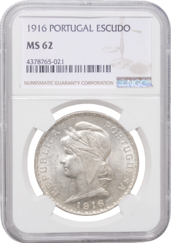 Португалия 1 эскудо 1916 г., NGC MS62, "Португальская Республика (1911 - 1969)"