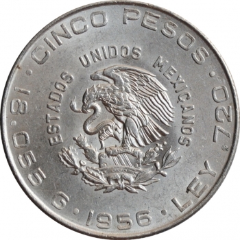 Мексика 5 песо 1956 г., UNC, "Мигель Идальго-и-Костилья"