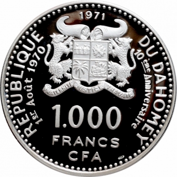 Республика Дагомея (Бенин) 1000 франков 1971 г., NGC PF66 UC, "10 лет независимости. Женщина сомба"