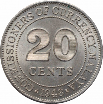 Малайя 20 центов 1948 г., BU, "Король Георг VI (1939 - 1950)"