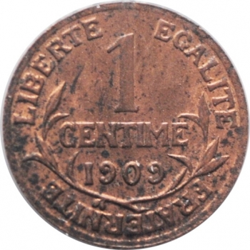 Франция 1 сантим 1909 г., UNC, "Третья Республика (1870 - 1941)"