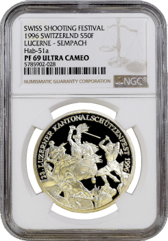 Швейцария 50 франков 1996 г., NGC PF69 UC, "Стрелковый фестиваль в Земпахе"