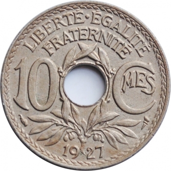 Франция 10 сантимов 1927 г., UNC, 'Третья Республика (1870 - 1941)'