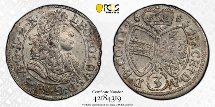 Австрия 3 крейцера 1686 г., PCGS MS63, "Император Леопольд I (1657 - 1705)"