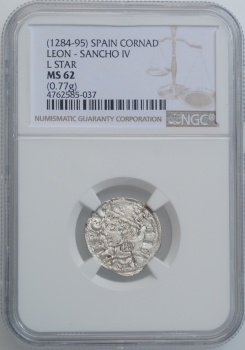 Испания, Кастилия и Леон 1 Динеро 1286-1288 г., NGC MS62, "Король Санчо IV (1284 - 1295)"