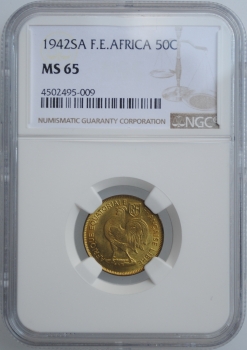 Французская Экваториальная Африка 50 сантимов 1942 г. SA, NGC MS65, "Колония Франции (1942 - 1958)"