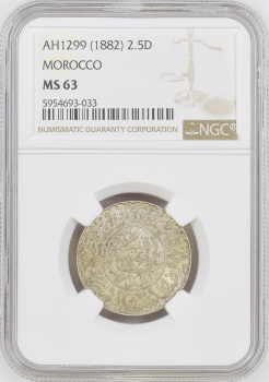 Марокко 2 1/2 дирхама AH 1299 (1882), NGC MS63, "Султан Хасан I (1873 - 1894)"