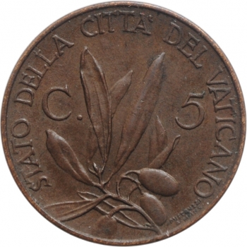 Ватикан 5 чентизимо 1937 г., UNC, 'Папа Пий XI (1929-1938)'