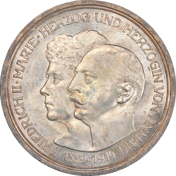 Ангальт-Дессау 5 марок 1914 г., PCGS MS64, "25 лет свадьбе Фридриха II и Марии Баденской"