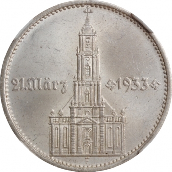 Германия (Третий рейх) 5 рейхсмарок 1934 г. F, NGC MS64, "Гарнизонная церковь в Потсдаме (21 März 1933)"