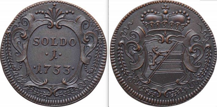 Горица 1, 2, 3 сольдо 1733-34 г., NGC MS70 BN RESTRIKE, "Графство Горица и Градишка (1733 - 1802)"