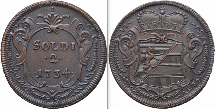 Горица 1, 2, 3 сольдо 1733-34 г., NGC MS70 BN RESTRIKE, "Графство Горица и Градишка (1733 - 1802)"
