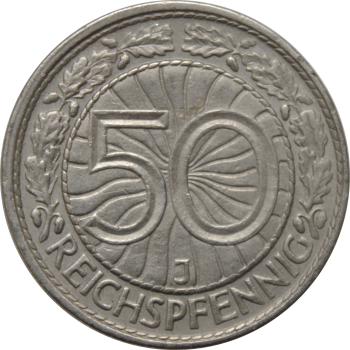 Германия 50 рейхспфеннигов 1935 г. J, AU, "Веймарская Республика (Рейхсмарка) (1924 - 1938)"