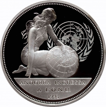 Андорра 10 динеров 1994 г., PROOF, "Членство Андорры в ООН"