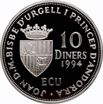 Андорра 10 динеров 1994 г., PROOF, "Членство Андорры в ООН"