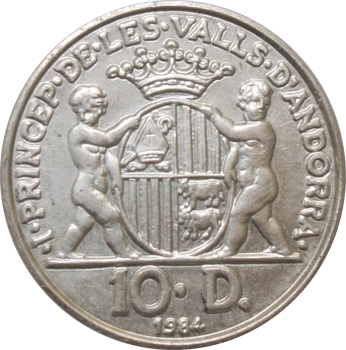 Андорра 10 динеров 1984 г., UNC, "Жоан Д.М. Епископ Уржеля"