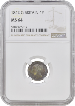 Великобритания 4 пенса 1842 г., NGC MS64, "Королева Виктория (1838 - 1901)"