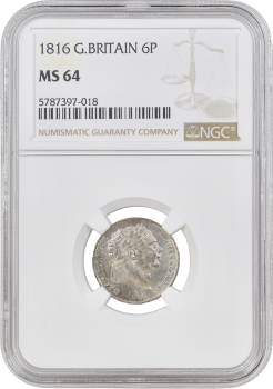 Великобритания 6 пенсов 1816 г., NGC MS64, "Король Георг III (1760 - 1820)"
