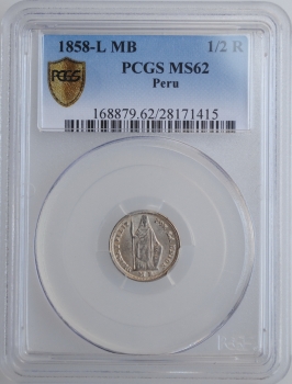 Перу 1/2 реала 1858 г. MB, PCGS MS62, "Республика Перу (1825 - 1862)"