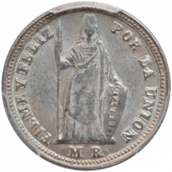 Перу 1/2 реала 1858 г. MB, PCGS MS62, "Республика Перу (1825 - 1862)"