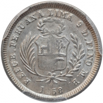 Перу 1/2 реала 1858 г. MB, PCGS MS62, "Республика Перу (1825 - 1862)"
