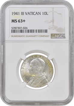 Ватикан 10 лир 1941 г., NGC MS63+, "Папа Пий XII (1939 - 1958)"