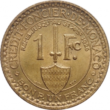 Монако 1 франк 1924 г., UNC, "Князь Луи II (1922 - 1949)"