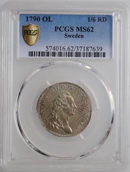 Швеция 1/6 риксдалера 1790 г. OL, PCGS MS62, "Король Густав III (1771 - 1792)"