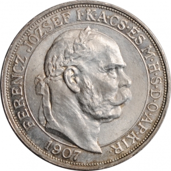 Венгрия 5 крон 1907 г., NGC MS64+, "40 лет со дня коронации Франца Иосифа I"