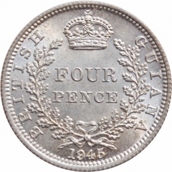 Британская Гвиана 4 пенса 1945 г., NGC MS63, "Король Георг VI (1937 - 1945)"