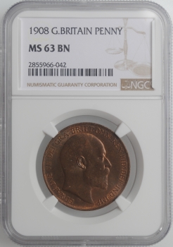 Великобритания 1 пенни 1908 г., NGC MS63 BN, "Король Эдуард VII (1902 - 1910)"